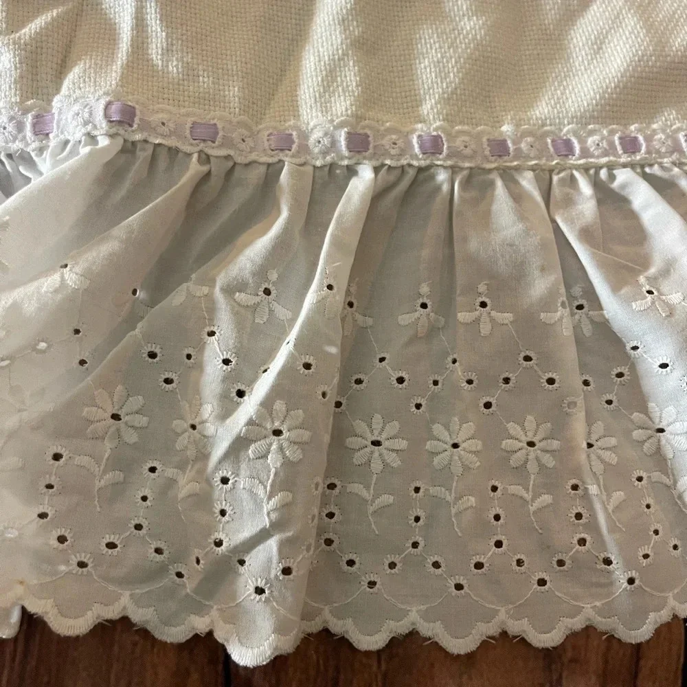 Vintage Precious Moments Handmade Cross stitched Baby Blanket w/ Eyelet Ruffle